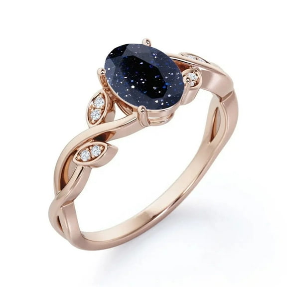 Oval-Cut Lab-Created Blue Sandstone & Diamond Twisted Shank Leaf Engagement Ring in 925 Sterling Silver – Unique Gemstone Ring for Her, Elegant Nature-Inspired Design