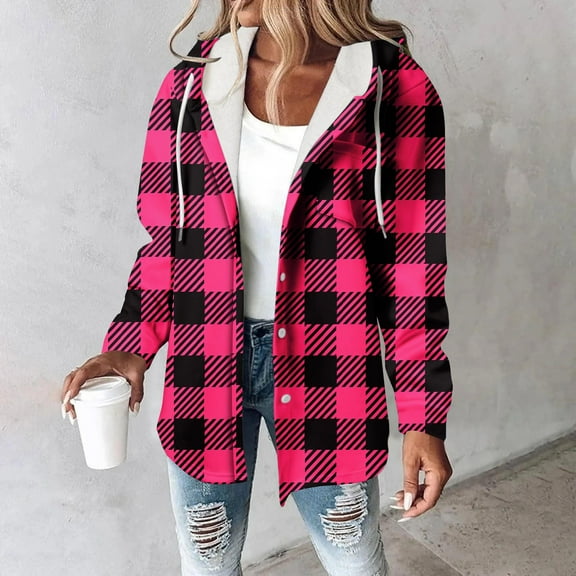 GaThRRgYP Trendy Autumn Winter Outer Jacket Ladies,Women's Plaid Printe Long-sleeved Long-sleeved Hooded Casual Coat Hot Pink S