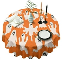 Orange Halloween Ghosts Round Tablecloth 60"x60",Wrinkle Wipeable Table Cloth for Kitchen Dining Room Picnic Patio Party