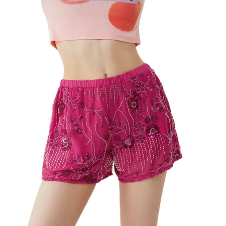Xsylife Beaded Sequin Mini Shorts Glitter Coquette Floral Elastic Waist Boxer Shorts Y2k Bottoms Cute Summer Going Out Clothes 2025