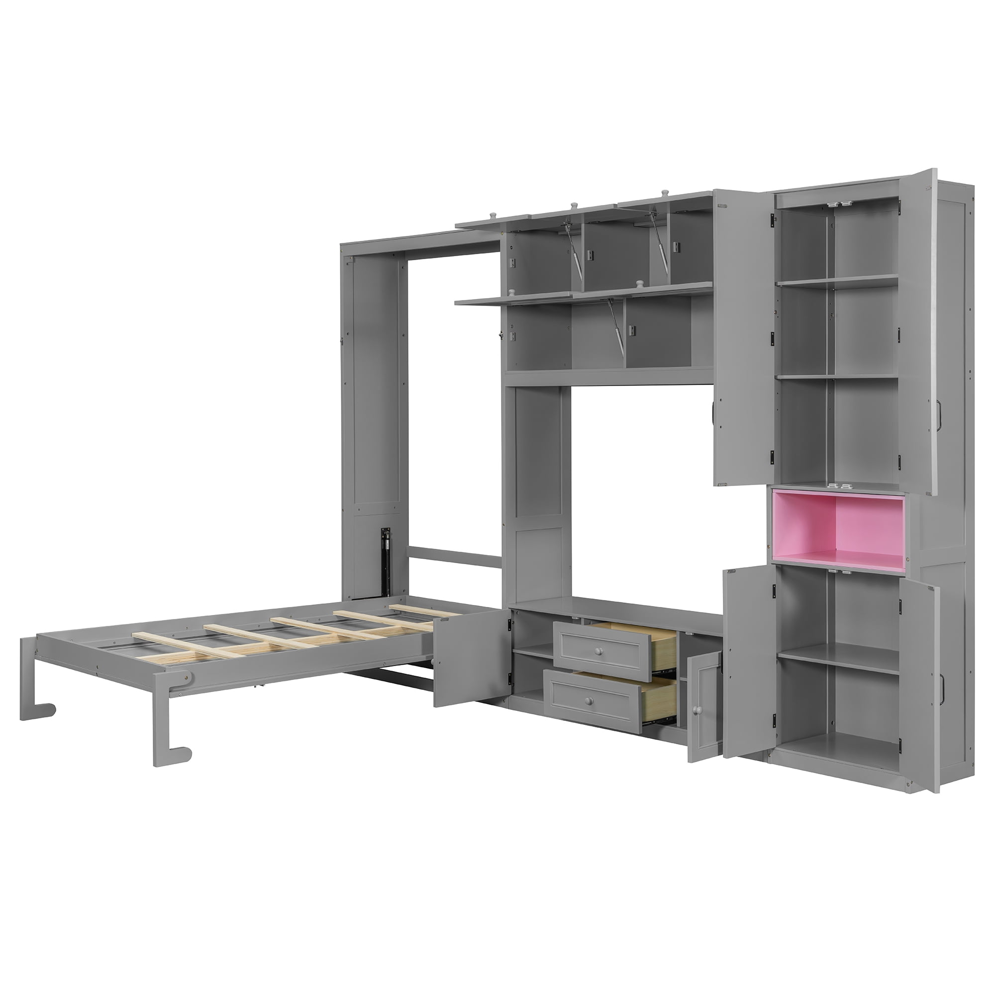 Mintazer Twin Foldable Murphy Bed with 82.3"H Wall Storage Cabinet, Shelves, TV Stand and 2 Drawers & 9 Cabinets for&nbsp;Bedroom Living Room, Gray