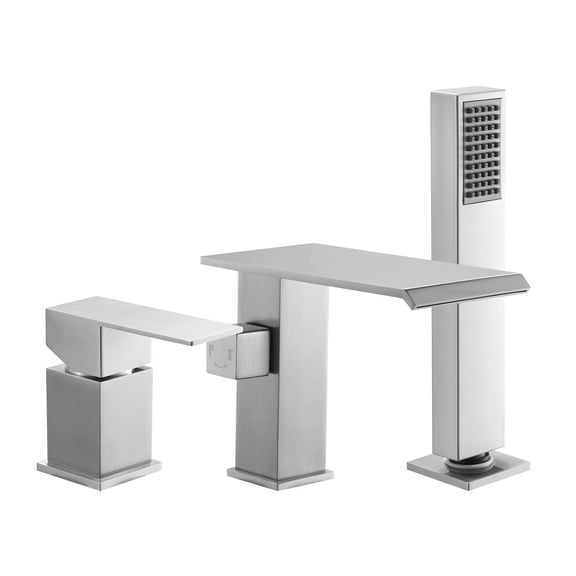Roman Tub Faucet Set with Waterfall Spout Shower Head and Single Handle Deck Mount Brushed Stainless Steel Drip Free