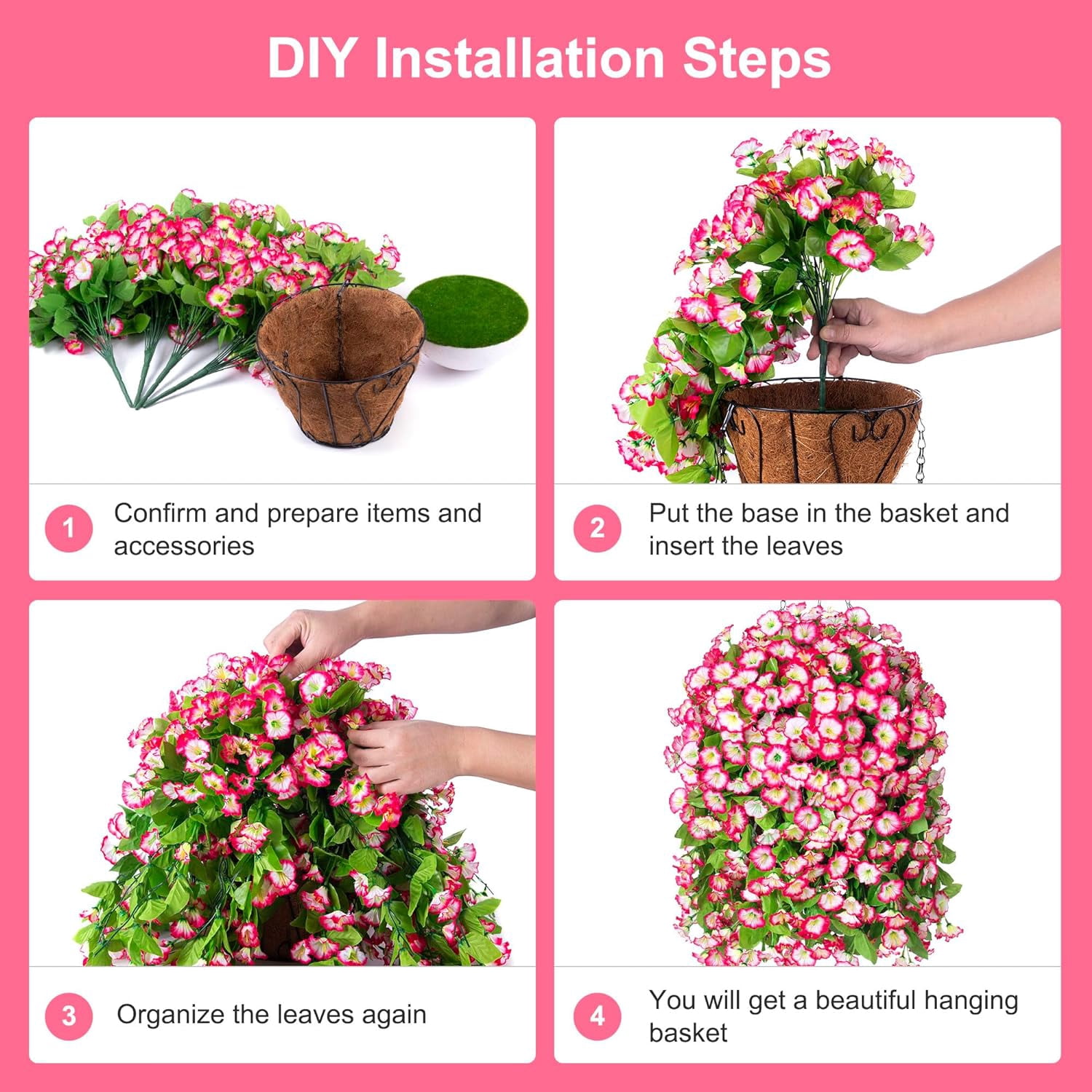 Artificial Faux Hanging Flowers Basket for Spring Outdoor Porch Decoration, Fake Silk Colorful Morning Glory Eucalyptus in Planter UV Resistant Look Real for Home Balcony Yard(Red Purple)