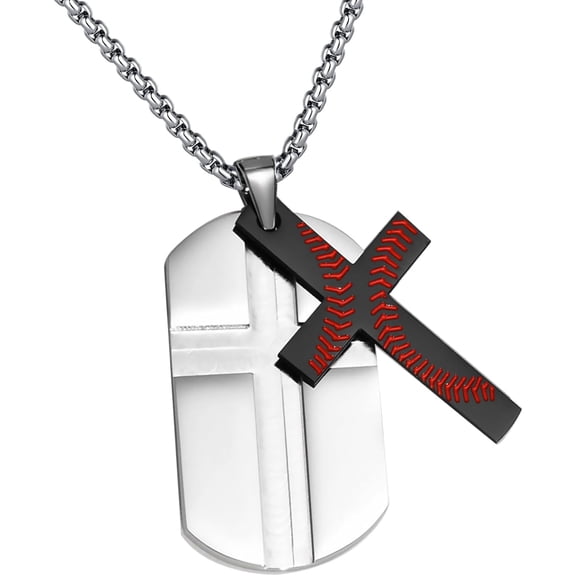 Dog Tag Pendant 2 in 1 Baseball Cross Necklace Crucifix Jewelry Necklaces Christmas Gift for Sports Lover Young Men Stainless Steel 24 Inch Box Chain