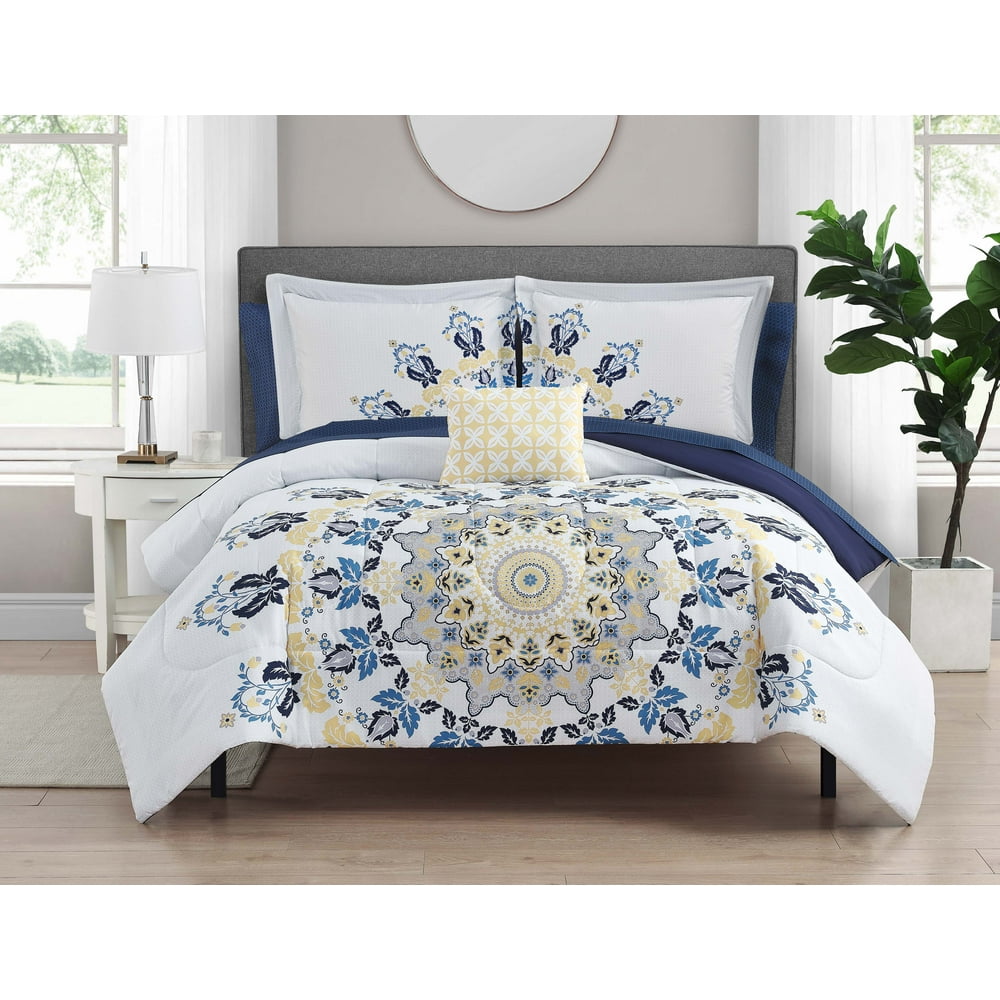 Mainstays Blue Medallion 8 Piece Bed in a Bag Set with Sheets and Decor