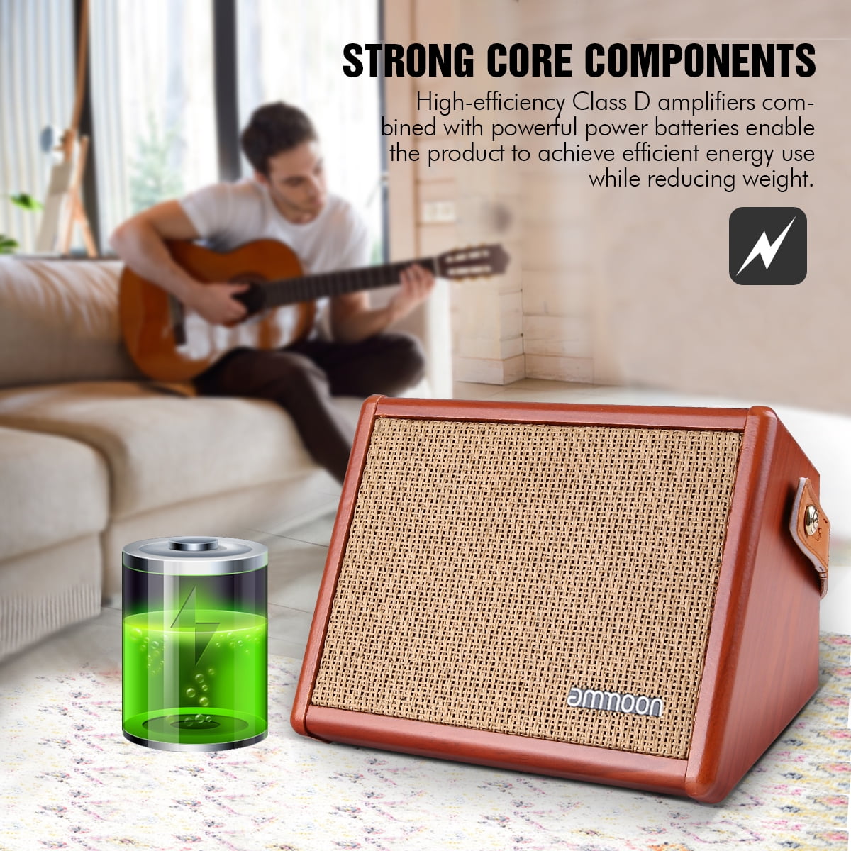 ammoon AC-15 15W Portable Acoustic Guitar Amplifier Amp BT Speaker with Microphone Input Supports Bass Treble Control Reverb Effect Built-in Rechargeable Battery
