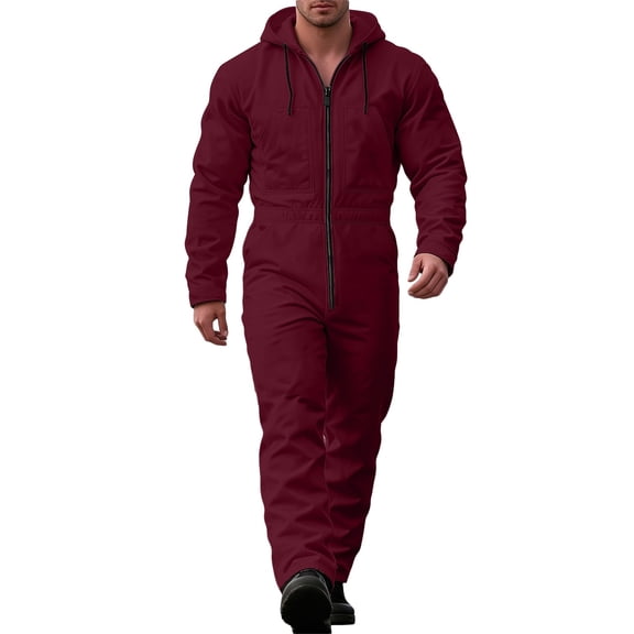 Men Hooded Long Sleeve Jumpsuit Full Zip Coverall with Multi Pockets for Workwear
