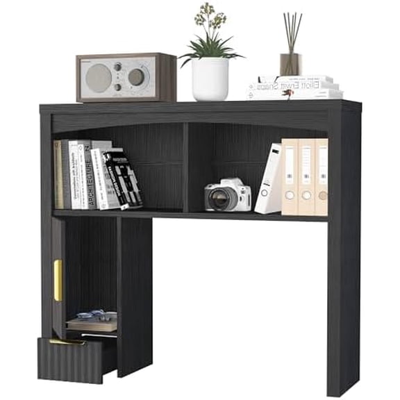 Desktop Shelf, Wooden Desk Hutch with Storage, Desktop Bookshelf with Cabinet and Drawer, Office Desk Organizer, Space-Saving Organization, Over Desk Storage Shelves for Home, Dorm, Black