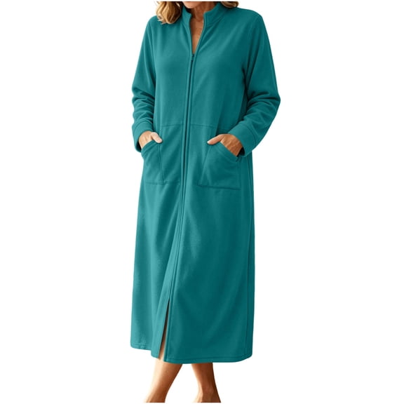 FAHXNVB Zip Up Robes for Women Long Sleeve House Coats with Pockets Lightweight Fall Winter Long Bathrobe Loungewear S-3XL