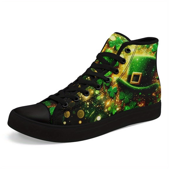 Coolcustomize Men's St. Patrick'S Day High-Top Sneakers - Vibrant Four Leaf Clover & Beer Mug Design, Comfortable Canvas, Durable Lace-Up Casual Shoes for Streetwear & Daily Wear| Vibrant Shoe Design