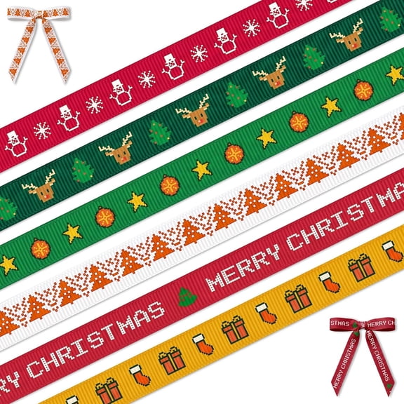 6 Rolls Christmas Ribbon 3/8" Xmas Red Green Grosgrain Ribbons for Gift Wrapping 5 Yards