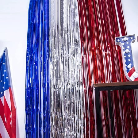 Image of 2Pcs 4th of July Decorations Red White and Blue Tinsel Foil Fringe Curtains 4th of July Photo Booth Prop Streamer Backdrop for America Patriotic Party Independence Day Labor Day(3.3 x 6.6ft)