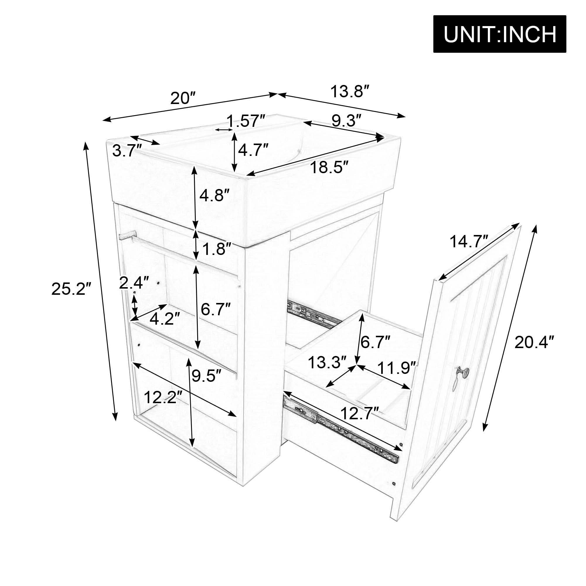MAYEERTY 20" Bathroom Vanity Ceramic Sink MDF Storage Drawer Side Shelf Golden Handle Small Bathroom