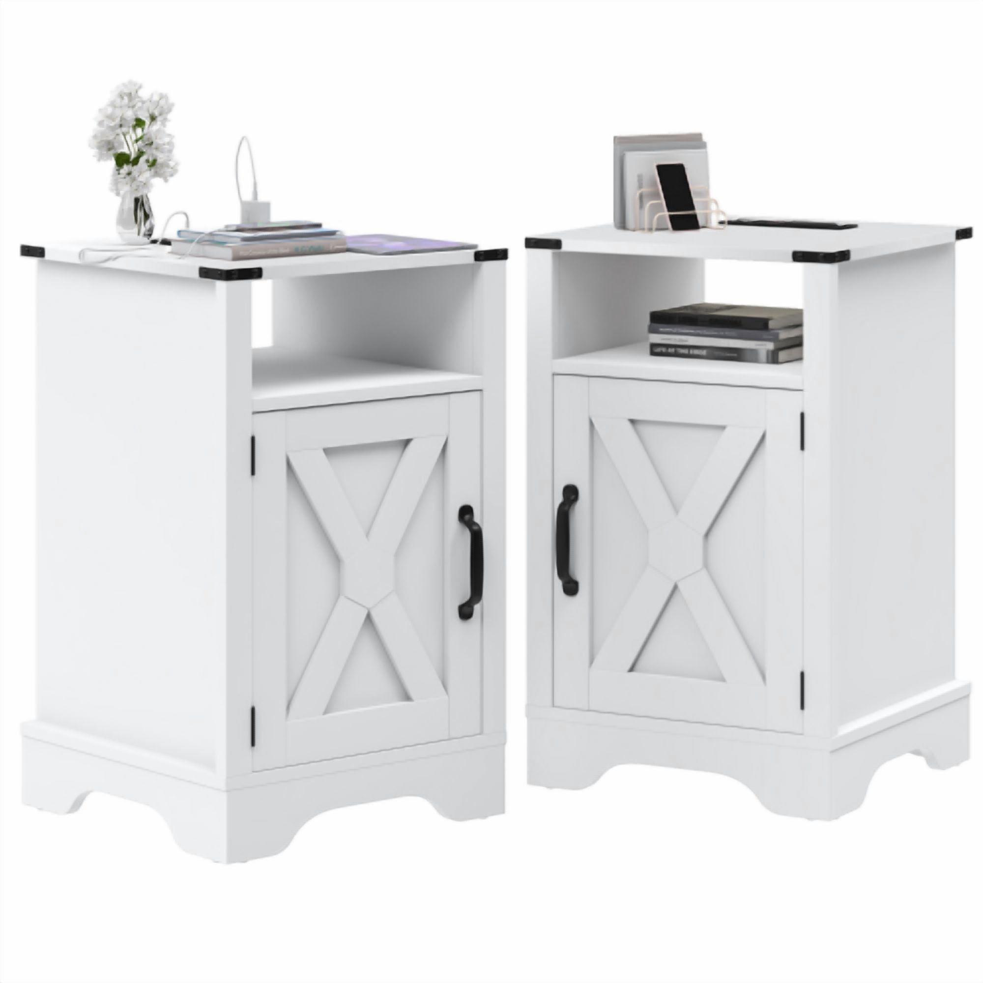 Set of 2 Farmhouse End Table with Charging Station , Rustic Nightstand with Storage and Shelf, White