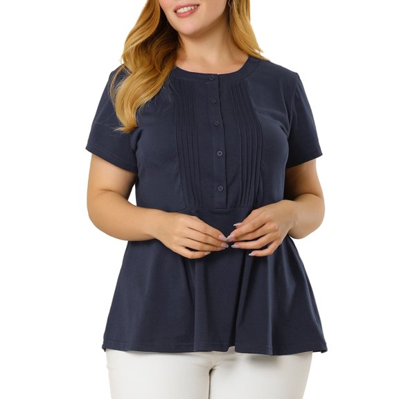 MODA NOVA Juniors Plus Summer Tops Button Front Round Neck Peplum T Shirt Navy Blue 2X