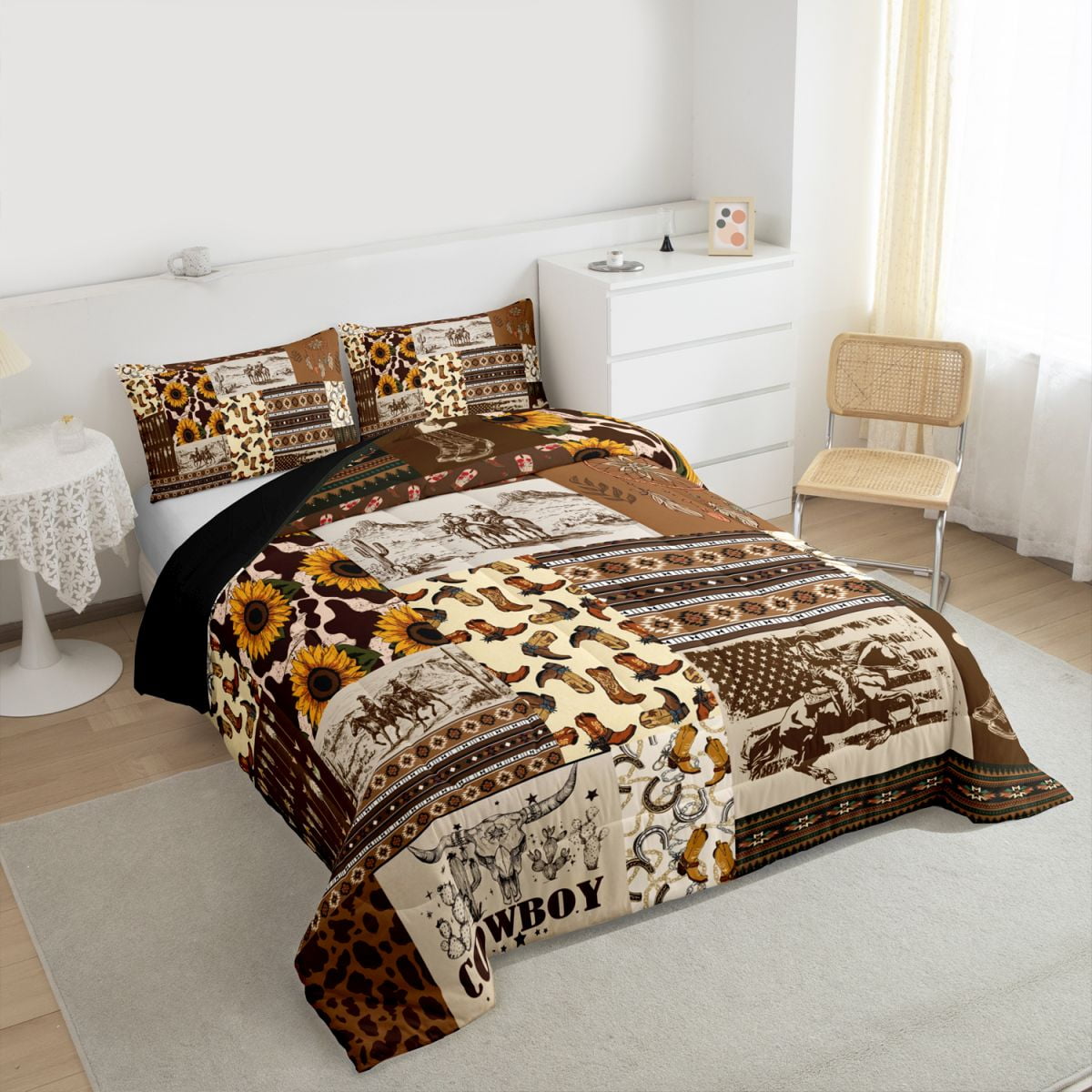 Western Cowboy King Size Bedding Sets American Tribal Wild Desert Comforter Wildlife Cow Exotic Horse Shoe Comforter Set Teenagers Brown Lattice Down Comforter with 2 Pillowcases