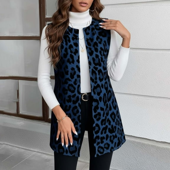 Women's Outerwear Vests Loose Fit Winter Leopard Print Vest Outerwear Warm Sleeveless Jacket Coat For Daily Streetwear Style Dark Blue M