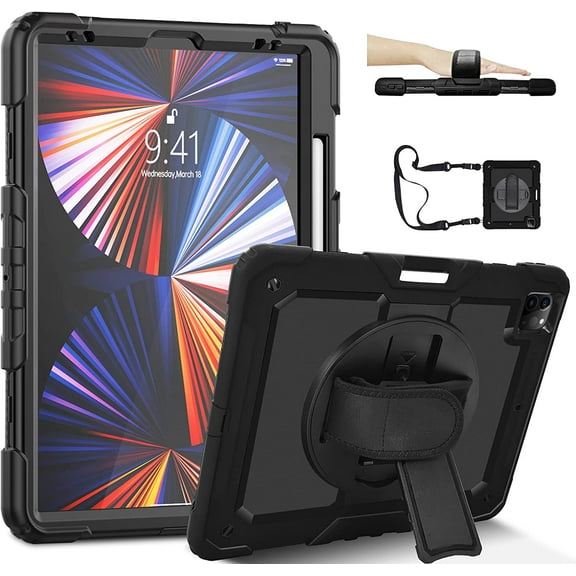 Timoom iPad Pro 12.9 Case 2022 6th Generation 2021 5th Generation 2020 4th Generation Cases with Screen Protector Pencil Holder Kids Shockproof Rugged Silicone Cover 360 Stand Hand Strap