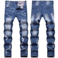thumbnail image 1 of TIMIFIS Jean pour Homme Coupe Classique Régulière Jean en Coton Tendance Mode Micro Élastique Coupe Ajustée à Cordon Élastique Petite Jambe Droite-Bluefall, 1 of 1