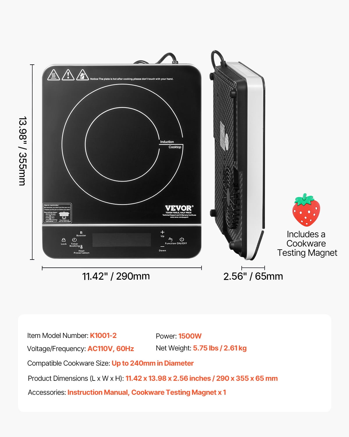 VEVOR Portable Induction Cooktop, 1500W Electric Induction Burner with 9 Temperature Settings, Countertop Induction Hot Plate with 4H Timer, 24H Reservation, Child Lock, Easy to Clean, for Cooking