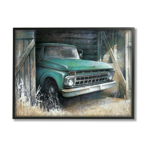 Stupell Industries Weathered Country Barn Vintage Green Pickup Truck Painting Black Framed Art Print Wall Art, Design by White Ladder