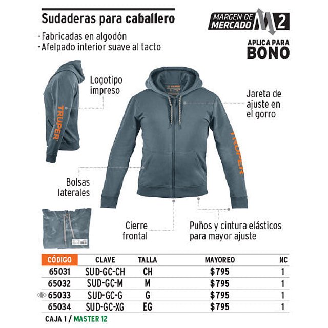 Sudadera gris para caballero, talla chica Truper Sudadera gris para caballero, talla chica
