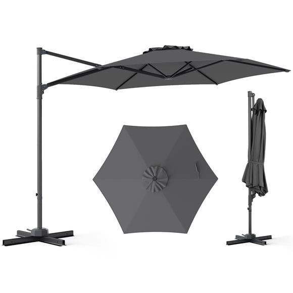 Costway 10 FT Patio Cantilever Umbrella with 360° Rotation, Air Vent, Cross Base Included Gray