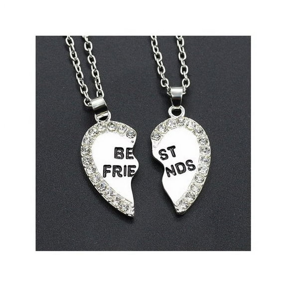 2pcs Crystal Half Love Heart Pendant Best Friends Necklace Friendship Gift - Silver