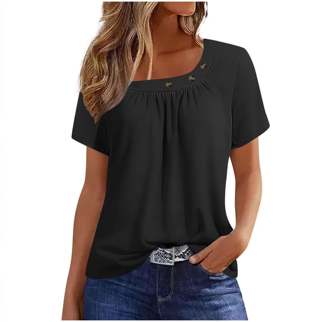 AherBiu T-Shirts pour Femmes Manches Courtes Couleur Unie Col Rond Ample Décontracté Confortable Froncé