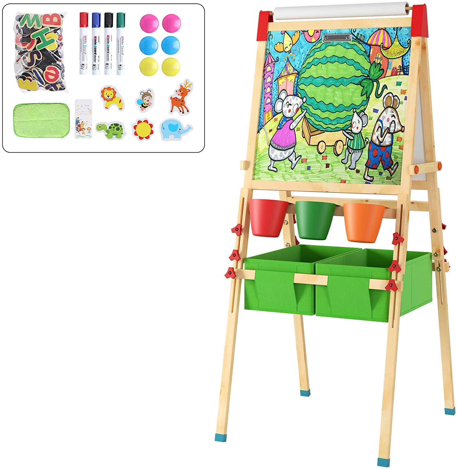 Wooden Art Easel for Kids Double Side Magnetic Whiteboard Chalkboard Multiple Use Easel with Storage Kids Easel 