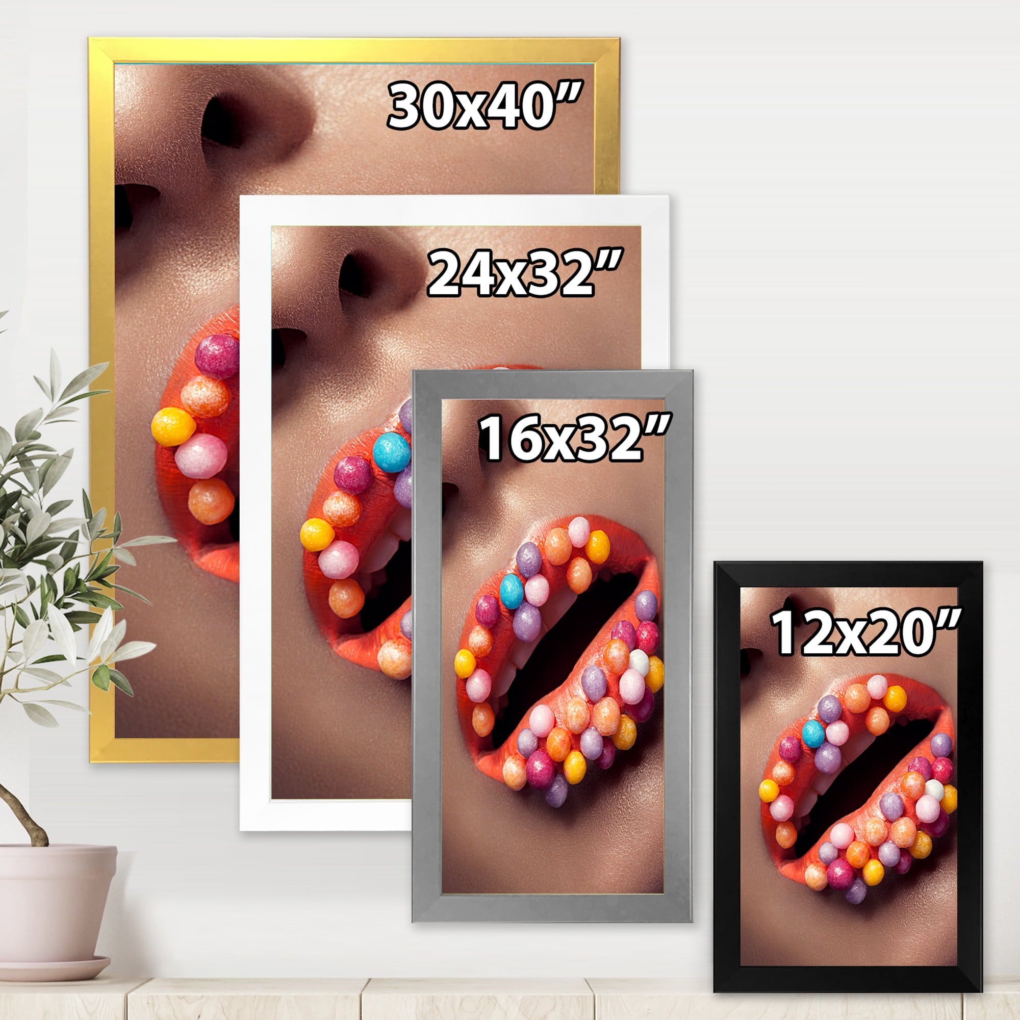 Designart 'Close Up of Creative Make Up On Woman Lips With Lolipops' Modern Framed Art Print