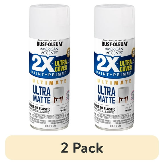 (2 pack) White, Rust-Oleum American Accents 2X Ultra Cover Ultra Matte Spray Paint-328391, 12 oz