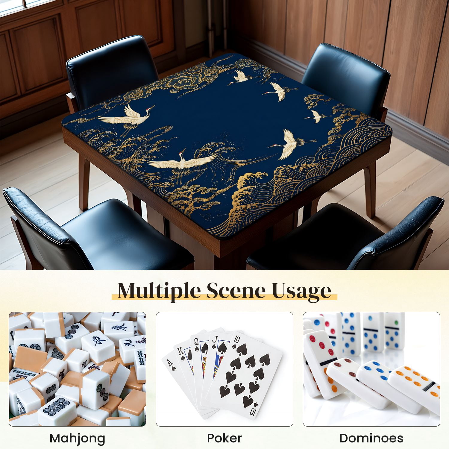 Mahjong Mat 31.5" x 31.5" Golden Waves Birds Deep Blue Non-Slip Noise Reduction Mahjong Tiles Table Cover for Dominoes Poker Card Board and Tile Games