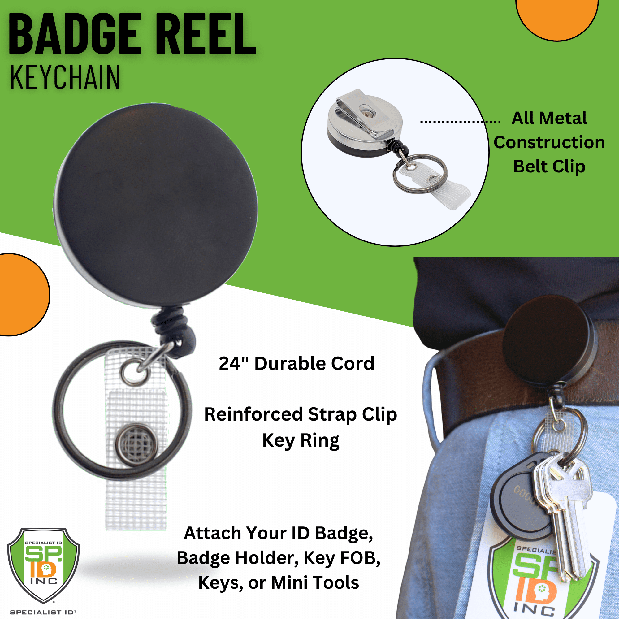 5 Pack - Heavy Duty Retractable Badge Reel with Key Ring - All Metal Construction Card & Key Holders with Thick Nylon Cord, Belt Clip, Reinforced ID Strap & Keychain by Specialist ID (Black / Silver)