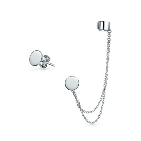 Double Chain Stud - Circle Disc Plain Band Cartilage Ear Lobe Double Chain Ear Cuff Clip Wrap CZ Stud Helix Earring Set 925 Sterling Silver