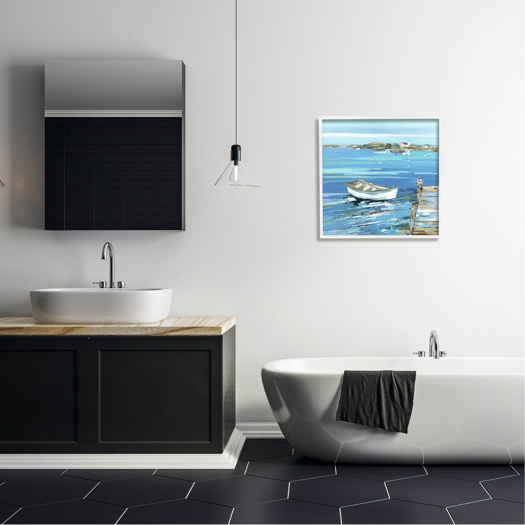 Stupell Industries Docked Dinghy Lake Scenery Painting White Framed Art Print Wall Art, Design by Sally Swatland