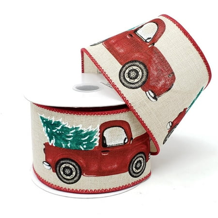 Christmas Red Truck with Tree Linen Ribbon, 2-1/2-Inch, 10-Yard,
