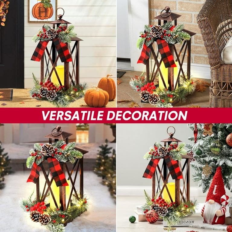 12 Pcs Mini Christmas Lantern Decorations - LED Flickering Candles With Pine Cones & Berries, Table Centerpiece