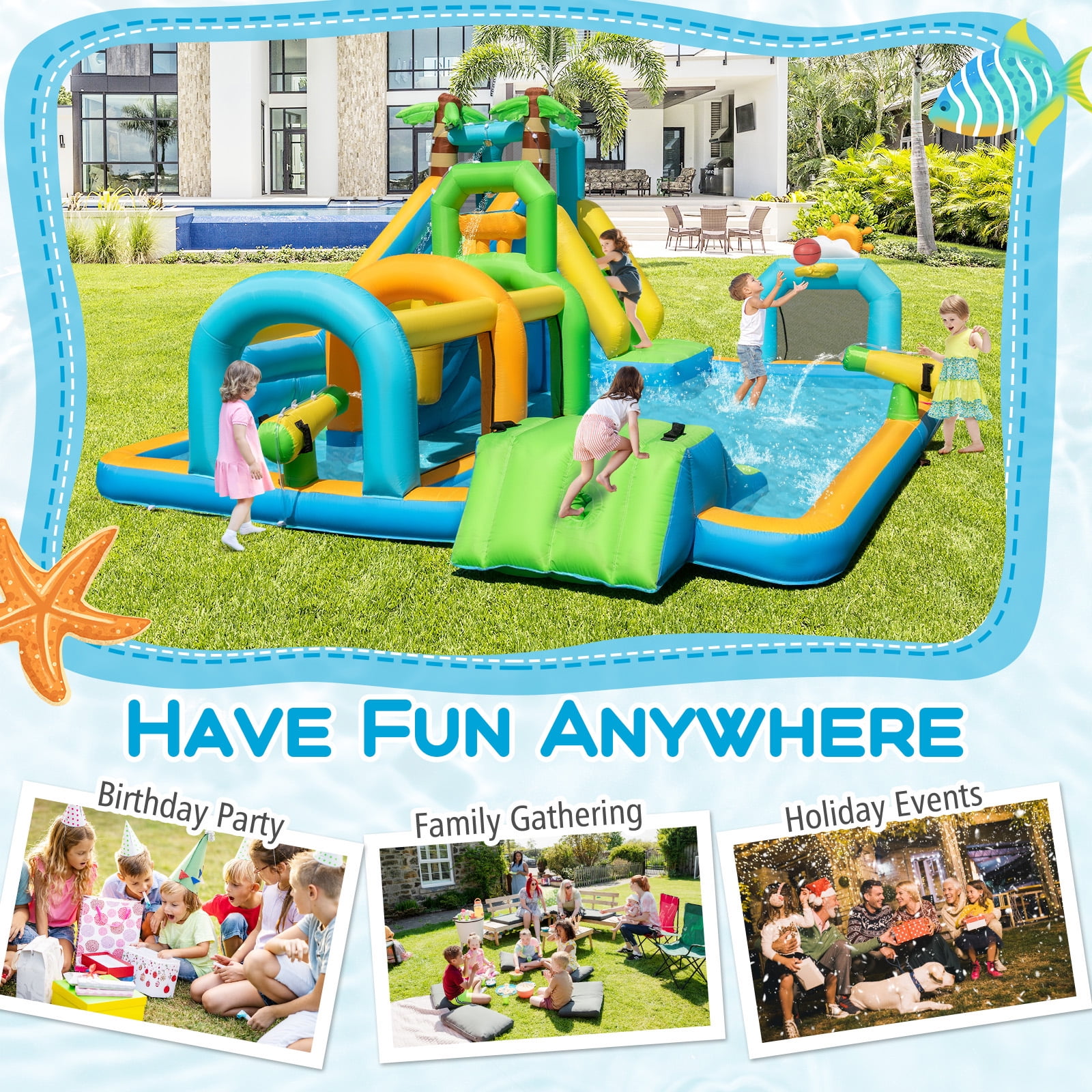 Gymax Inflatable Water Slide w/Splash Pool Climbing Wall Football Goal 750W Blower