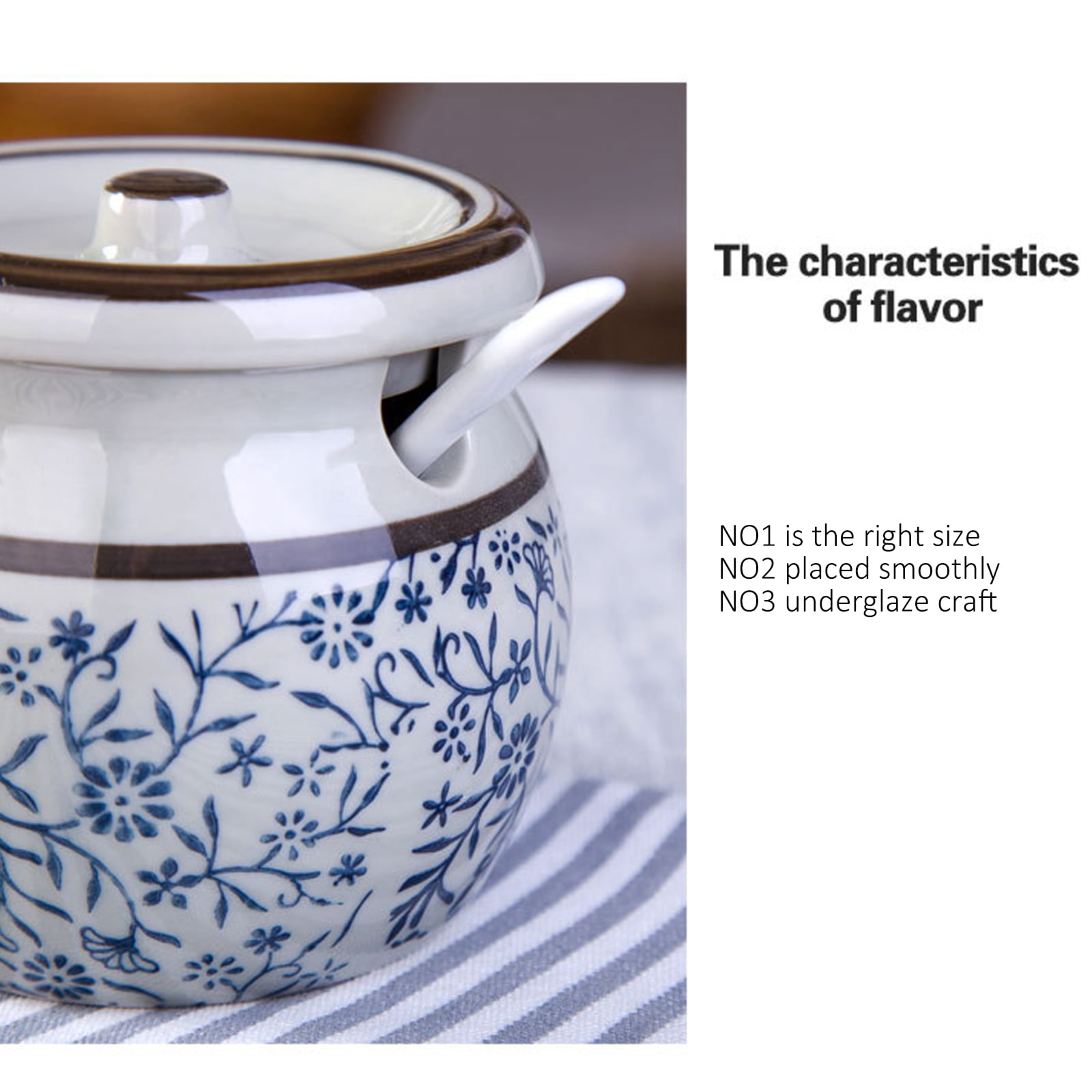 Ceramics Vintage Bird Pattern Sugar Bowl Spice Jar Seasoning Box with Lid and Spoon Blue 