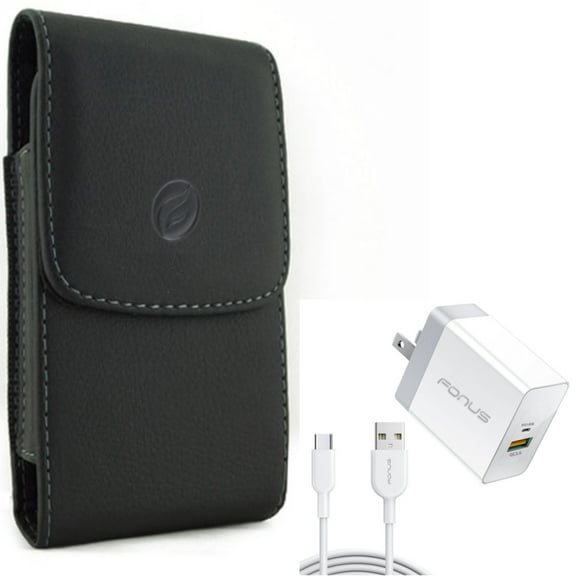 Holster Leather Case Belt Clip w 6ft Long Cable Fast Type-C 36W PD Home Charger for Google Pixel 4a 5G - HTC U12 Plus - LG V40 ThinQ, Premier Pro Plus (L455DL), Stylo 4 Plus, Harmony 4