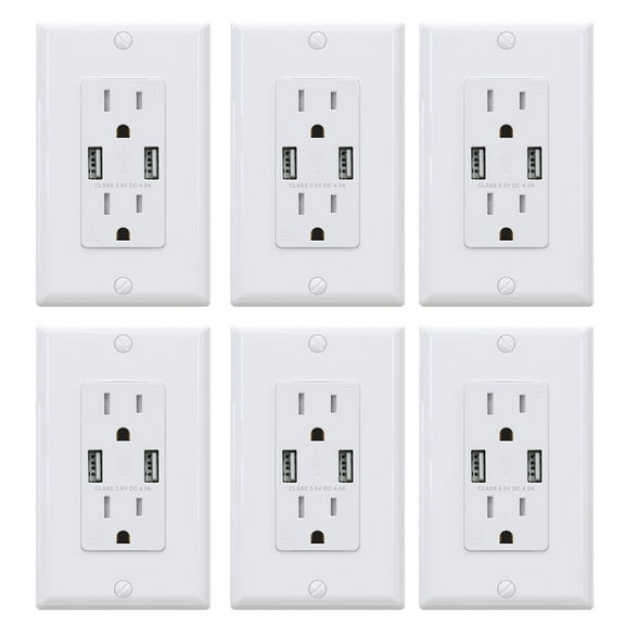 ELEGRP 4.0 Amp USB Dual Type A In-Wall Charger with 15 Amp Duplex Tamper Resistant Outlet, Wall Plate Included, White (6-Pack)