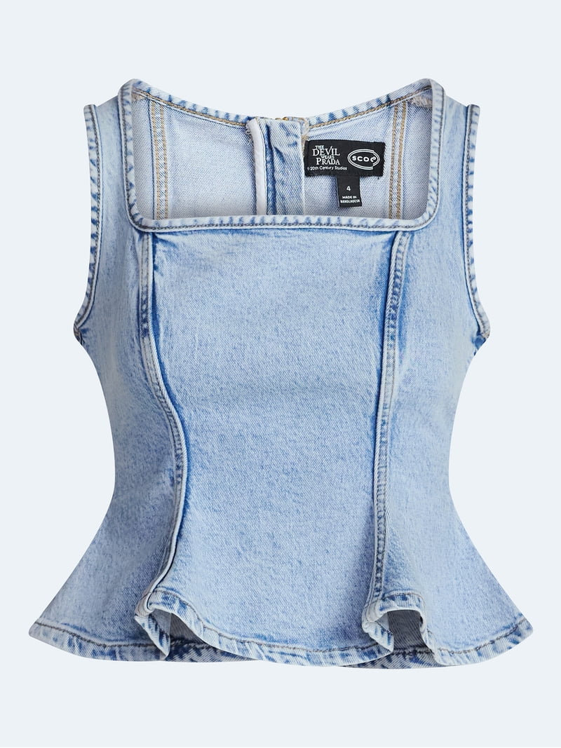 Devil Wears Prada Scoop Collection Women's Peplum Hem Denim Top