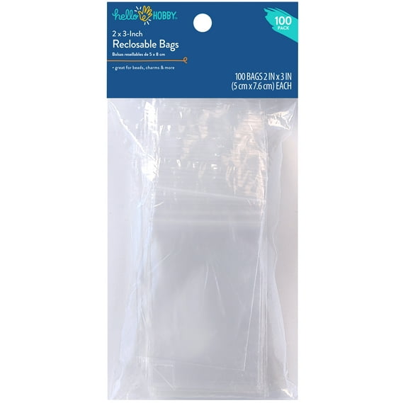 Hello Hobby 2" x 3" Reclosable Plastic Bags 100-Pack – Small Clear Zip Bags for Jewelry Making & Craft Storage
