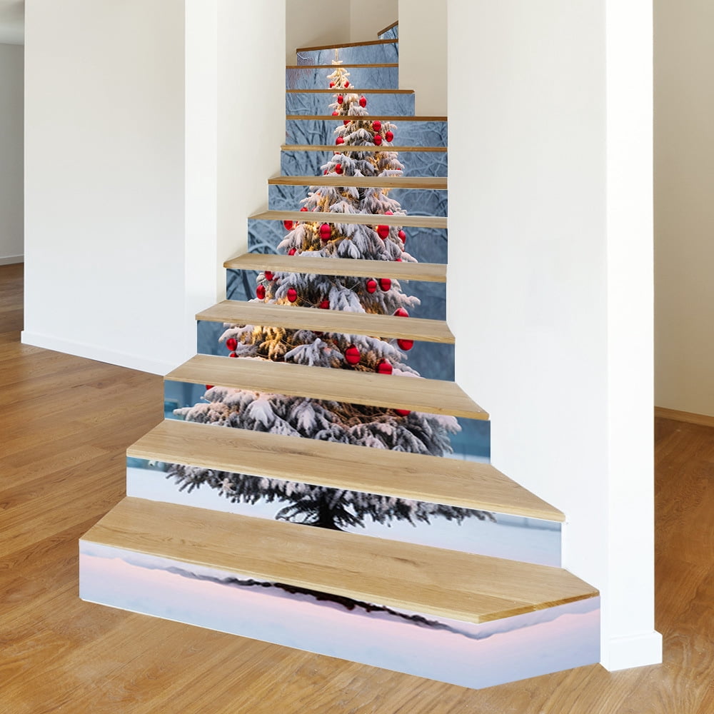 Self-Adhesive Stair Decals, Christmas Decoration Stair Stickers Decals Peel and Stick Vinyl Stair Risers Stickers for Steps, Xmas Tree DIY Home Decorations, 39.4'' W X 7.1'' H