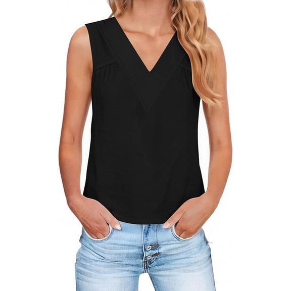 Duoif Womens Tank Tops V-Neck Business Tank, Cotton Linen Camisole Blouse Going Out Tops for Women Black L