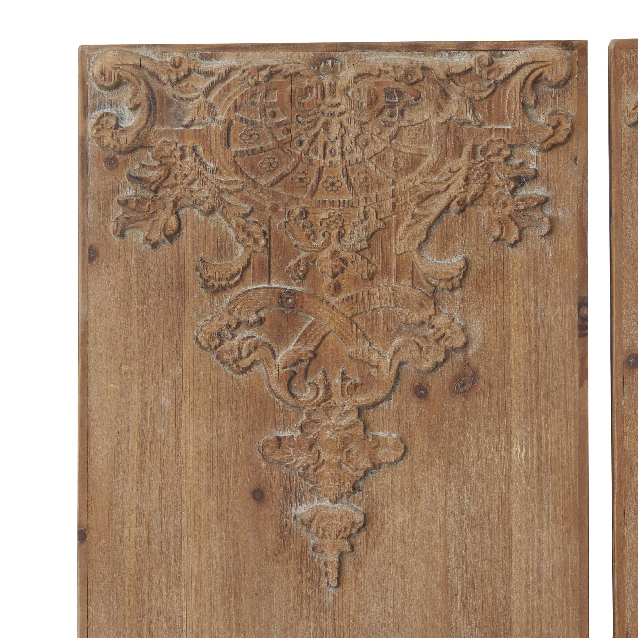 DecMode Brown Wood Carved Antefix Floral Wall Decor (3 Count)