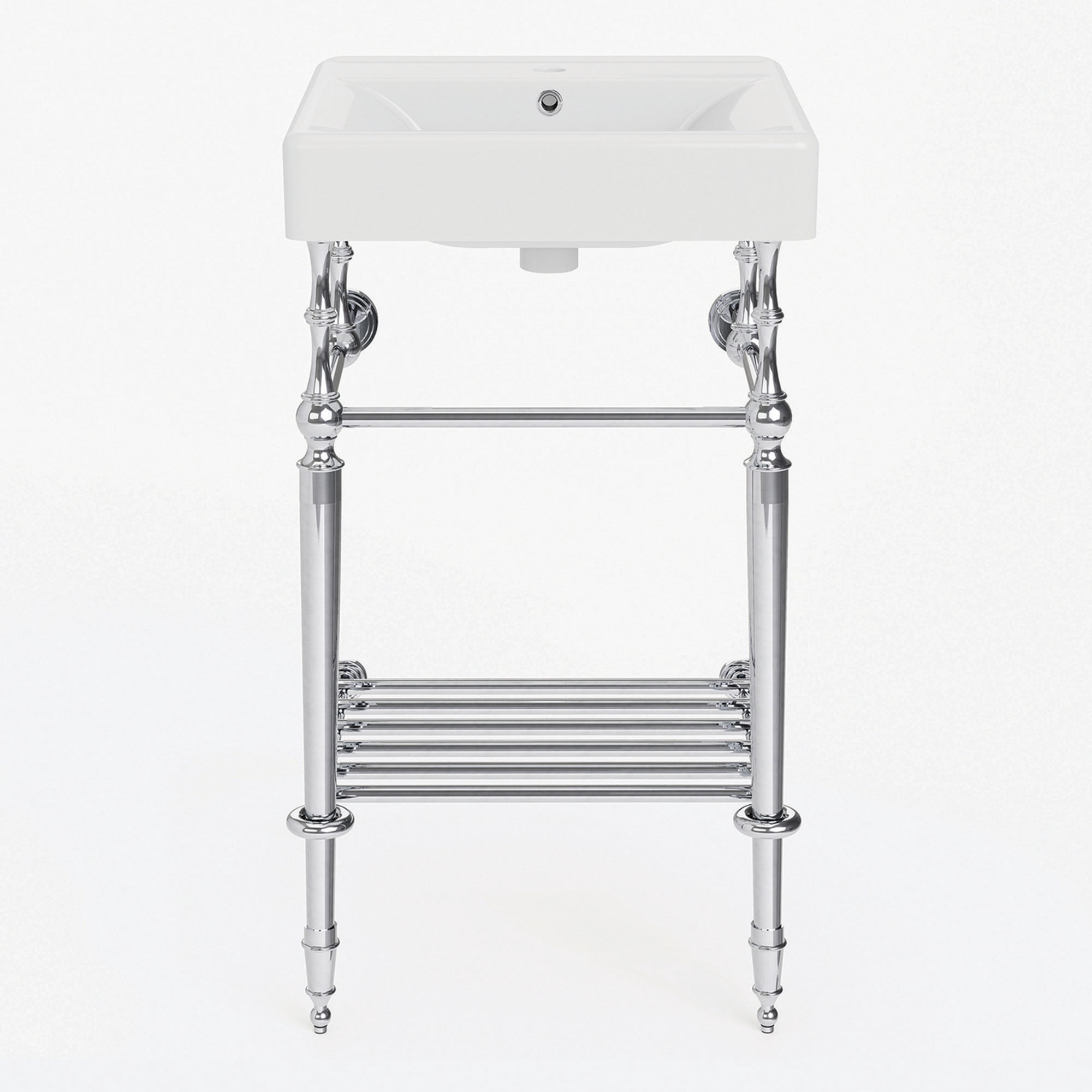 Kingston Brass KVPBH2018W11 Edwardian 20-Inch Ceramic Console Sink with Brass Legs and Shelf (1-Hole) in White/Polished Chrome