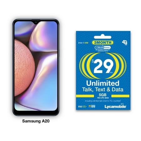 Lycamobile Samsung Galaxy A20 32GB Prepaid Smartphone with 3 Months of service (Best Smartphone Service Deals)