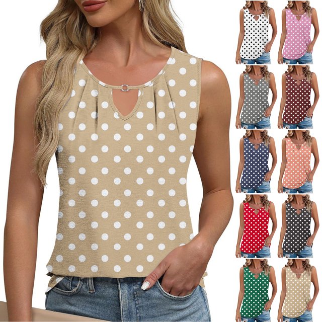 HVOBTTY Débardeur d'Été Confortable pour Femmes Mode Plage Imprimé Polka Sans Manches Col en V Ample Doux Respirant Polyvalent Rouge, TG